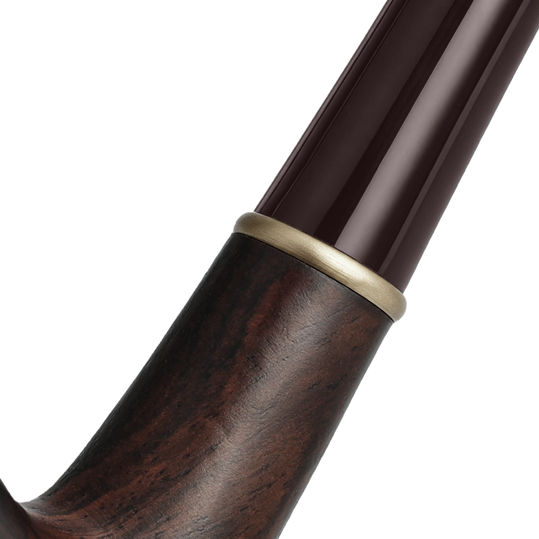 Obetis ebony wood pipe — close-up of brass accent ring and polished brown stem connection detail