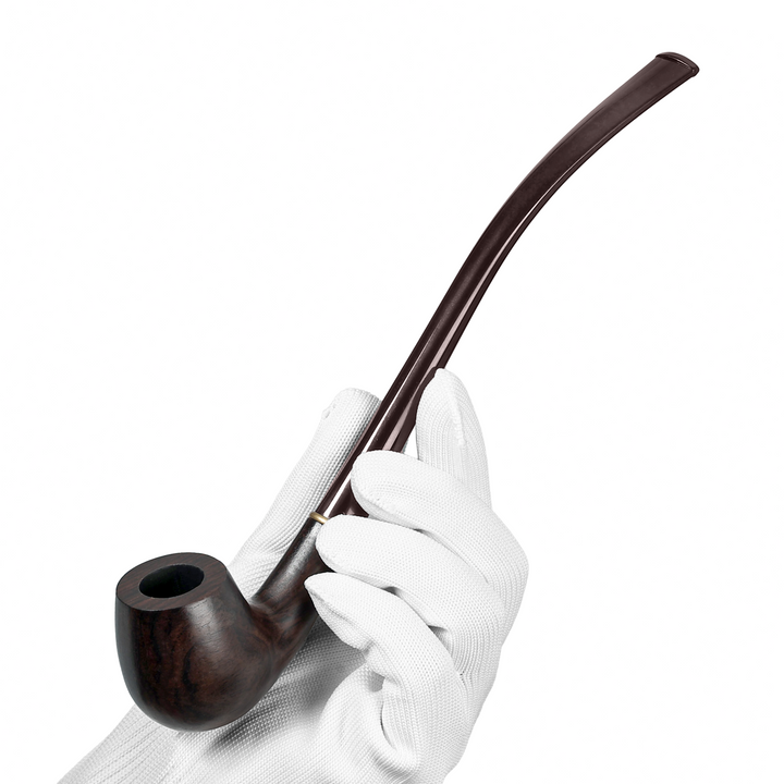Obetis ebony wood pipe — long brown stem version shown in gloved hand for scale and craftsmanship