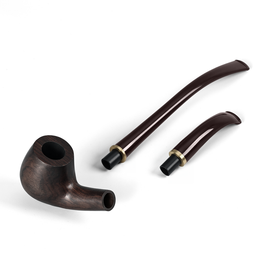 Obetis ebony wood pipe — detachable brown long and short stems shown separately with wooden bowl