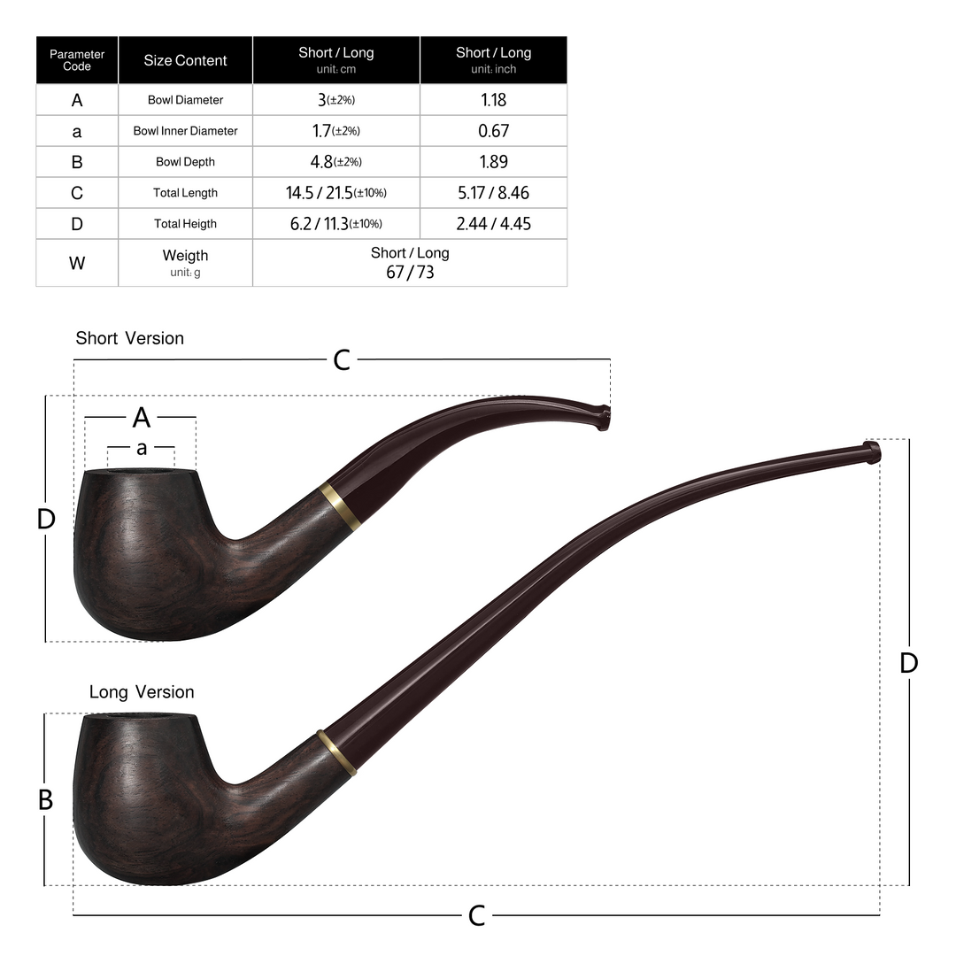 Obetis ebony wood pipe size chart — measurements for short and long brown stem versions illustrated