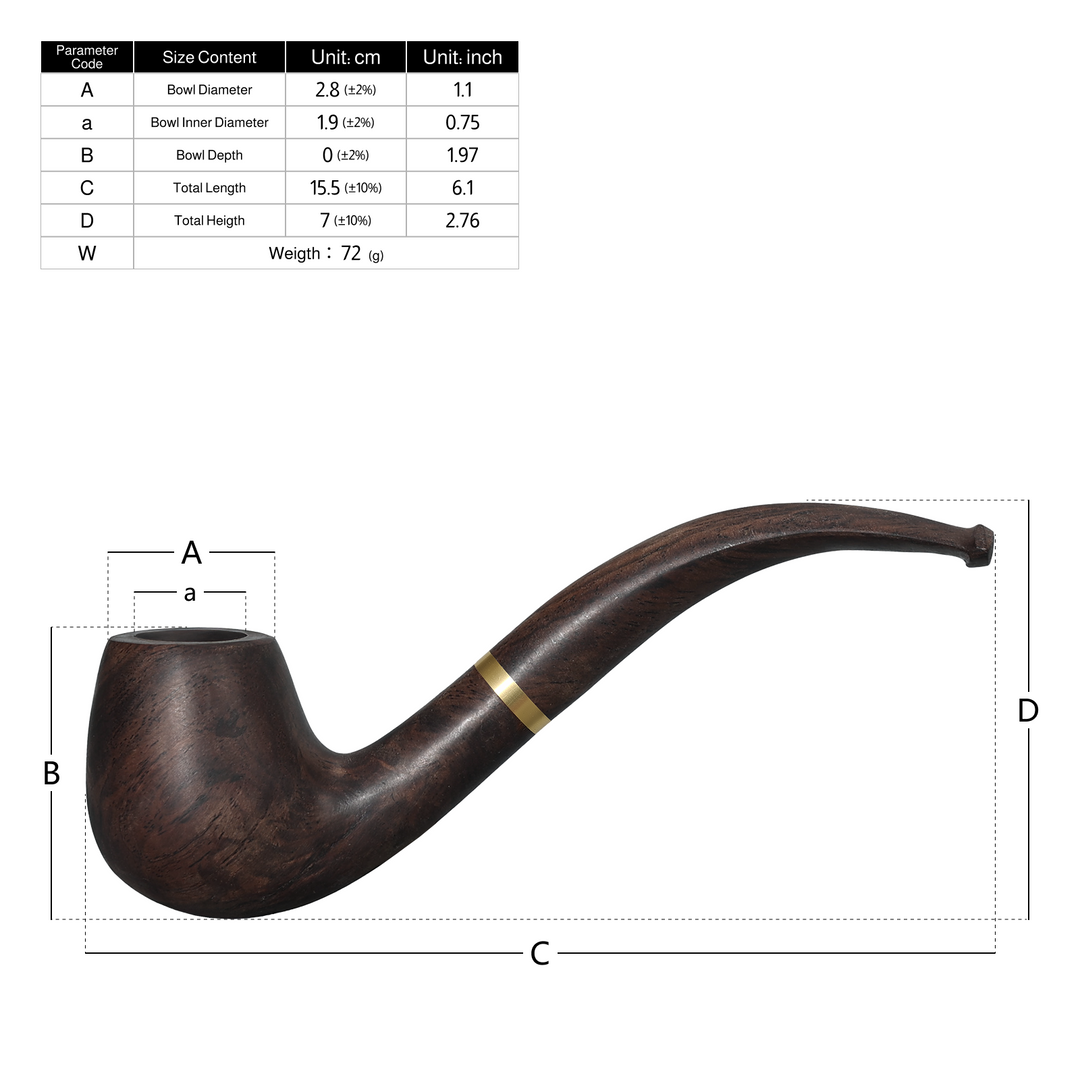 Obetis full ebony wood pipe size chart — bowl diameter, height and stem length illustration