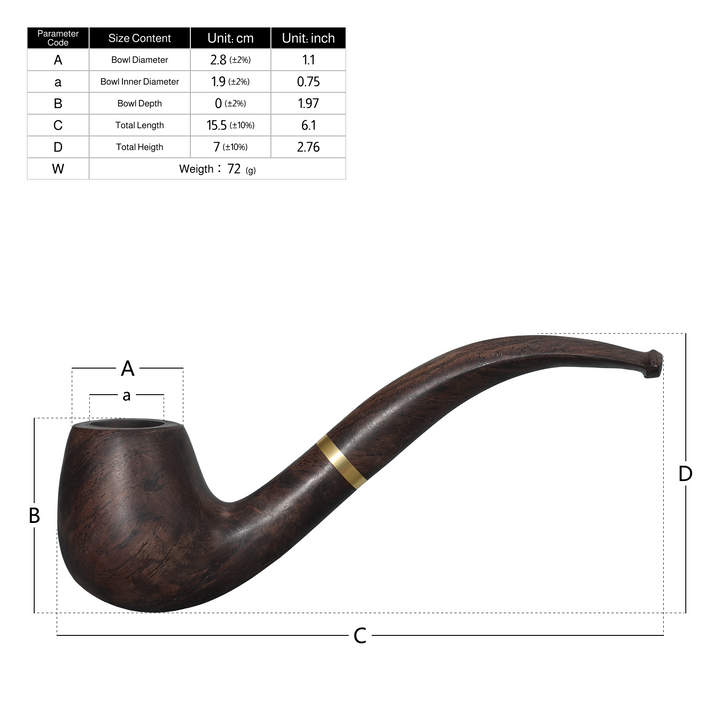 Obetis full ebony wood pipe size chart — bowl diameter, height and stem length illustration