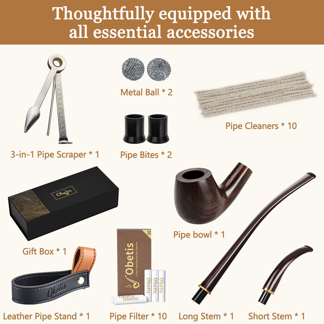 Obetis Ebony Wood Tobacco Pipe Set with Long & Short Stem – Full Kit