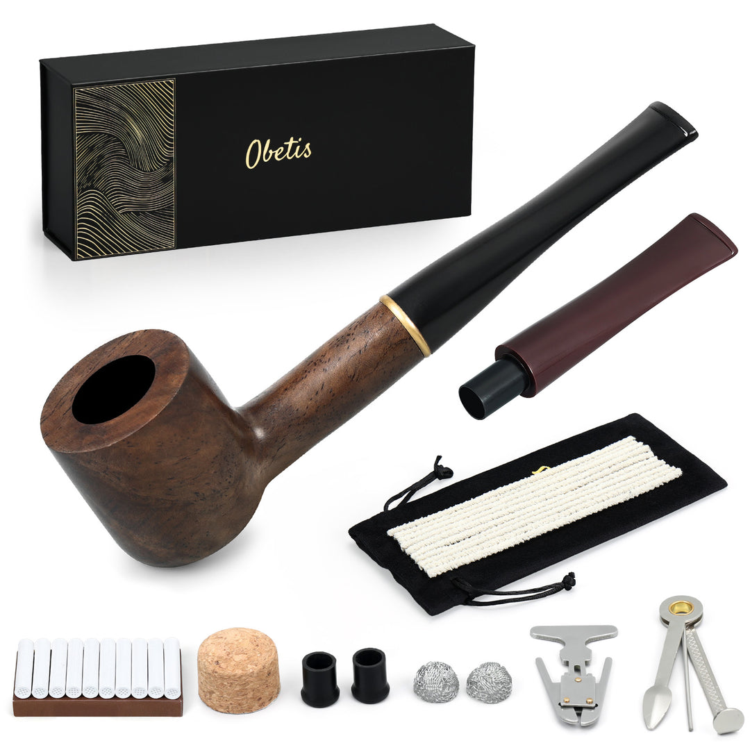 Obetis ebony wood pipe complete set — box, interchangeable black and brown stems, filters, pipe tool and accessories