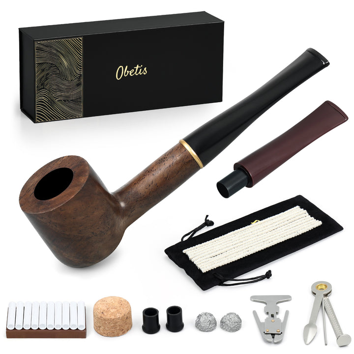 Obetis ebony wood pipe complete set — box, interchangeable black and brown stems, filters, pipe tool and accessories