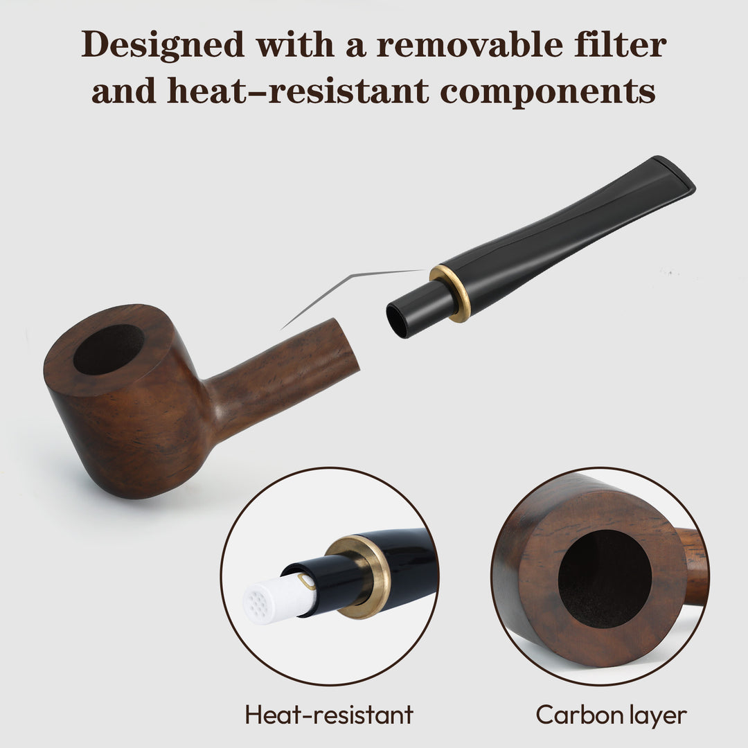 Obetis Ebony Wood Tobacco Pipe Set – Classic Straight Stem with Dual Mouthpieces & Full Accessories