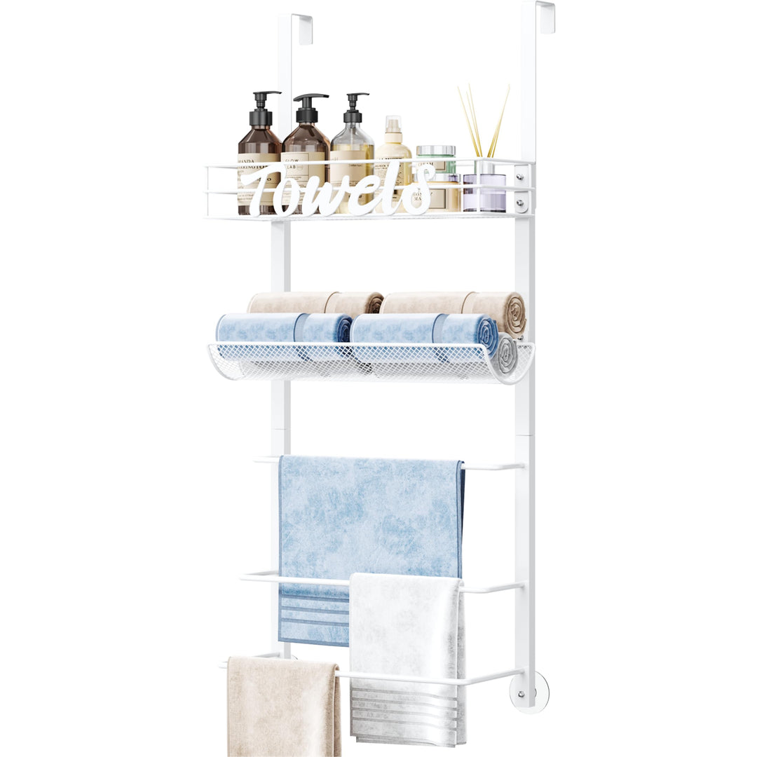 VaultNest Over Door Towel Rack - 5-Tier Wall Mounted Towel Holder Storage Organizer with Metal Shelf for Bathroom, White