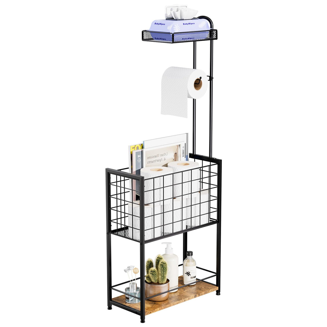 LuxBin Freestanding Toilet Paper Holder - 4-Tier Free Standing Toilet Paper Holder Stand with Shelf, Bathroom Storage Rack for Extra Rolls, Magazines, Wet Wipes, and Bathroom Essentials, Black