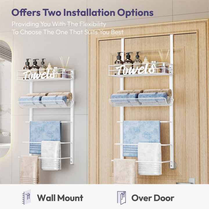 VaultNest Over Door Towel Rack - 5-Tier Wall Mounted Towel Holder Storage Organizer with Metal Shelf for Bathroom, White