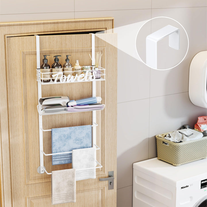 VaultNest Over Door Towel Rack - 5-Tier Wall Mounted Towel Holder Storage Organizer with Metal Shelf for Bathroom, White
