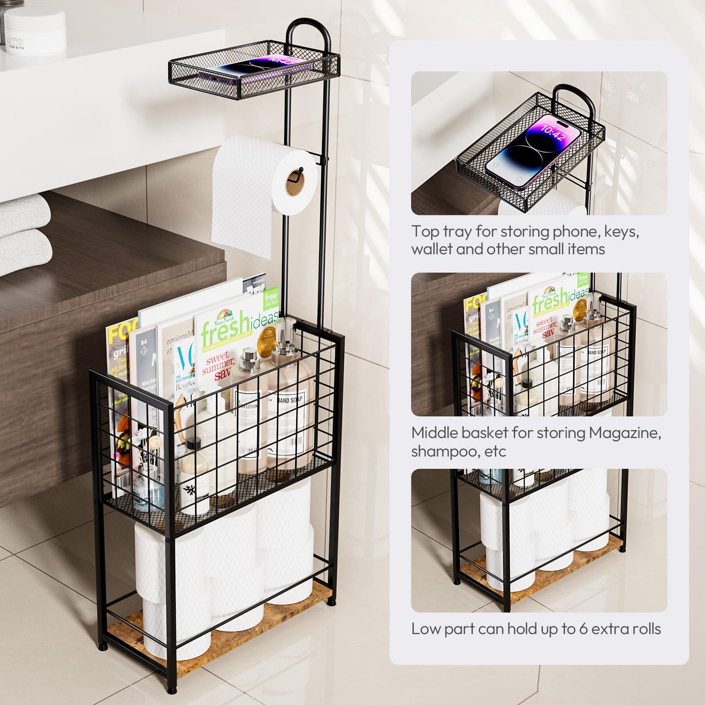 LuxBin Freestanding Toilet Paper Holder - 4-Tier Free Standing Toilet Paper Holder Stand with Shelf, Bathroom Storage Rack for Extra Rolls, Magazines, Wet Wipes, and Bathroom Essentials, Black