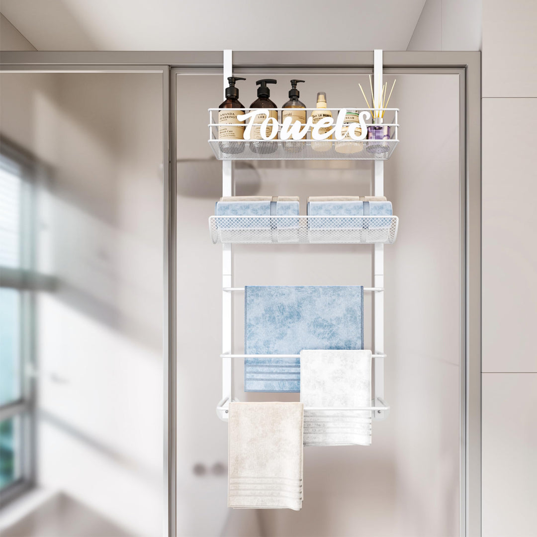 VaultNest Over Door Towel Rack - 5-Tier Wall Mounted Towel Holder Storage Organizer with Metal Shelf for Bathroom, White