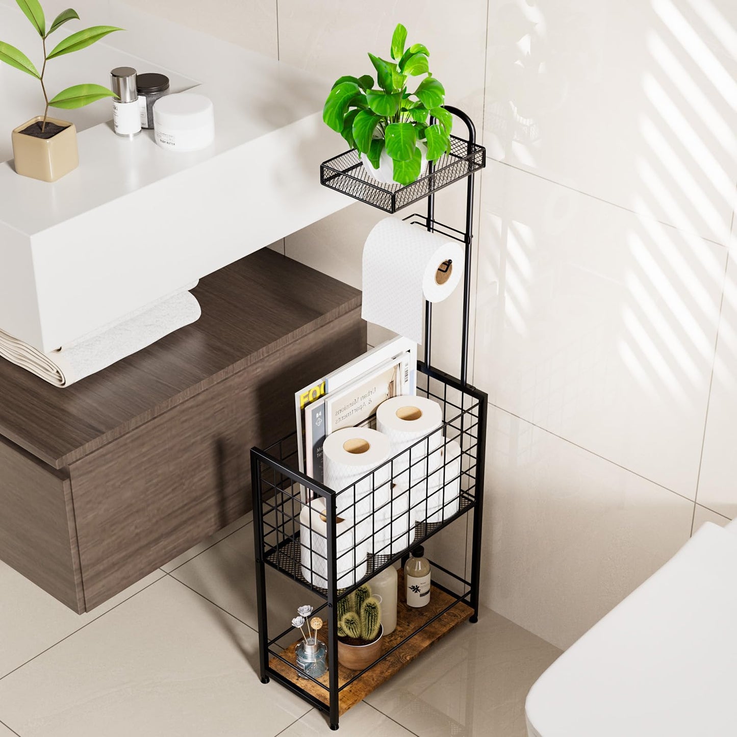 LuxBin Freestanding Toilet Paper Holder - 4-Tier Free Standing Toilet Paper Holder Stand with Shelf, Bathroom Storage Rack for Extra Rolls, Magazines, Wet Wipes, and Bathroom Essentials, Black