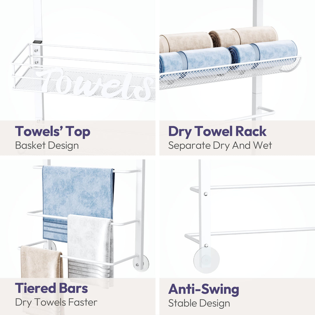 VaultNest Over Door Towel Rack - 5-Tier Wall Mounted Towel Holder Storage Organizer with Metal Shelf for Bathroom, White
