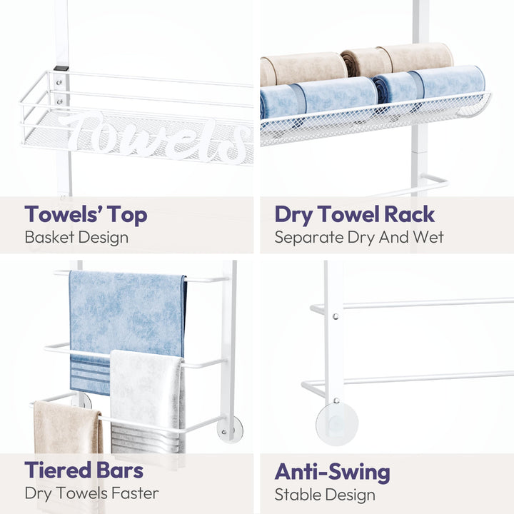 VaultNest Over Door Towel Rack - 5-Tier Wall Mounted Towel Holder Storage Organizer with Metal Shelf for Bathroom, White