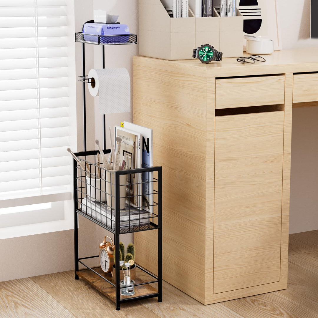 LuxBin Freestanding Toilet Paper Holder - 4-Tier Free Standing Toilet Paper Holder Stand with Shelf, Bathroom Storage Rack for Extra Rolls, Magazines, Wet Wipes, and Bathroom Essentials, Black