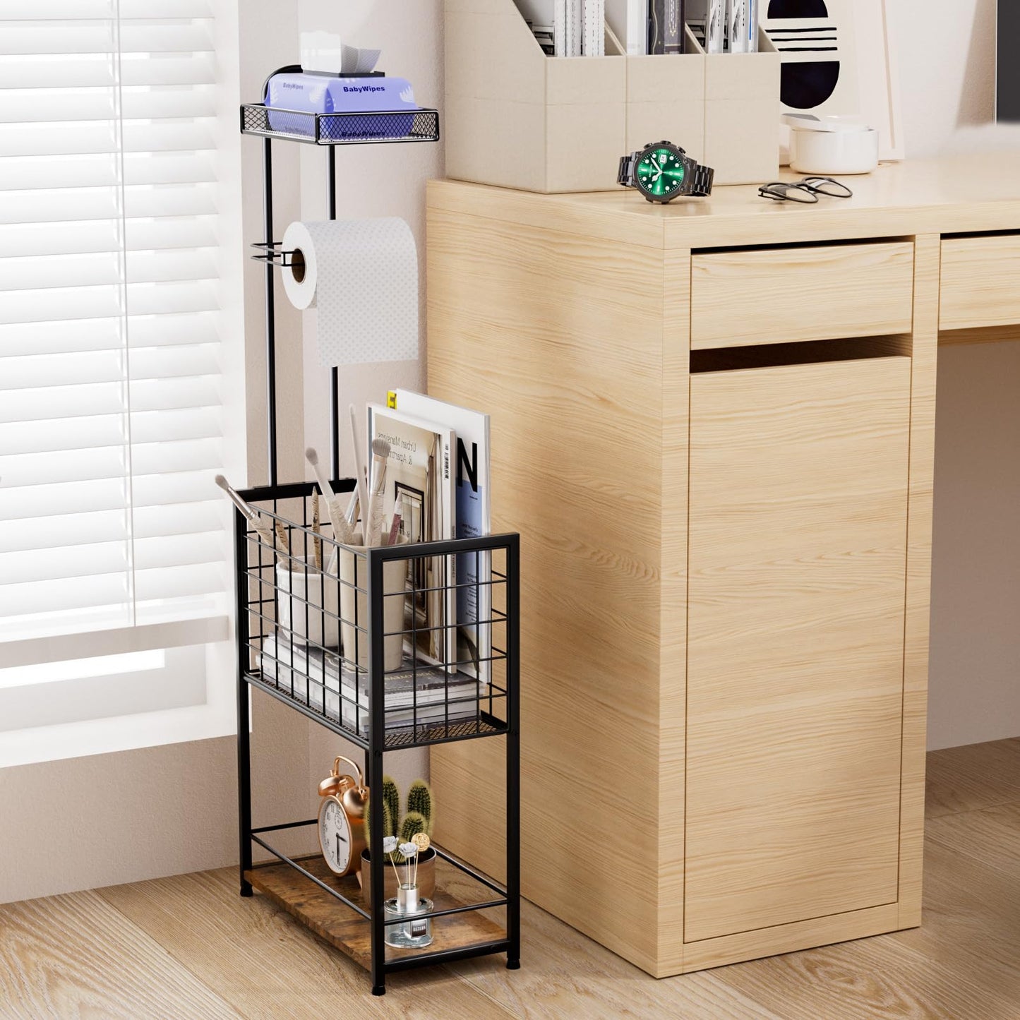 LuxBin Freestanding Toilet Paper Holder - 4-Tier Free Standing Toilet Paper Holder Stand with Shelf, Bathroom Storage Rack for Extra Rolls, Magazines, Wet Wipes, and Bathroom Essentials, Black
