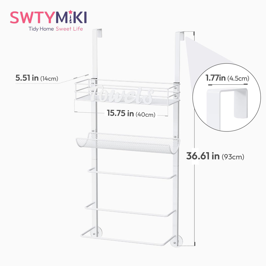 VaultNest Over Door Towel Rack - 5-Tier Wall Mounted Towel Holder Storage Organizer with Metal Shelf for Bathroom, White