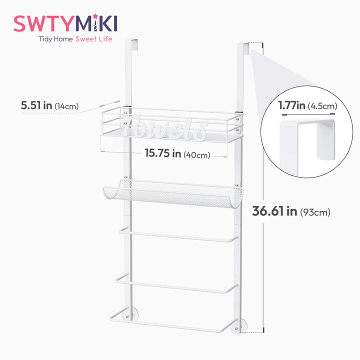 VaultNest Over Door Towel Rack - 5-Tier Wall Mounted Towel Holder Storage Organizer with Metal Shelf for Bathroom, White
