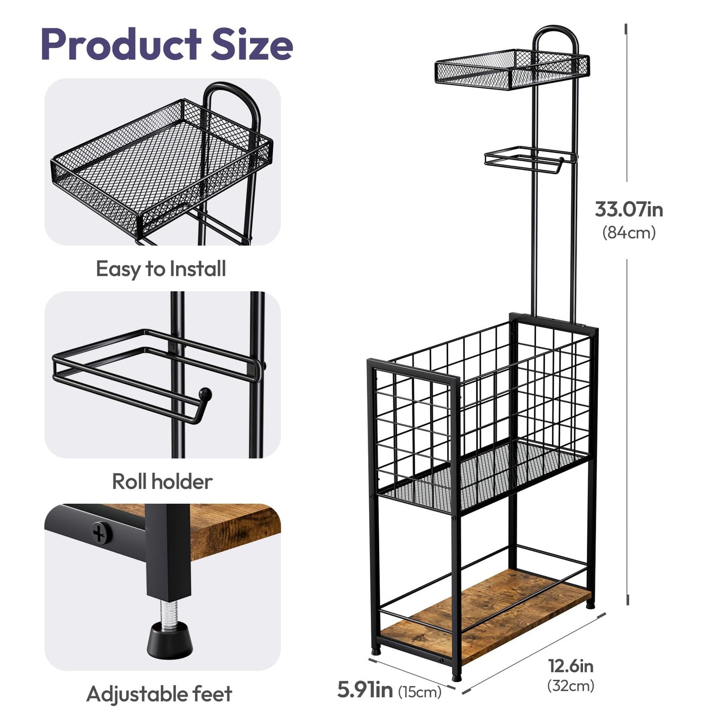 LuxBin Freestanding Toilet Paper Holder - 4-Tier Free Standing Toilet Paper Holder Stand with Shelf, Bathroom Storage Rack for Extra Rolls, Magazines, Wet Wipes, and Bathroom Essentials, Black