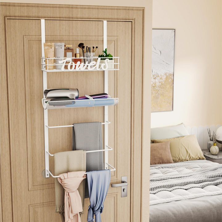 VaultNest Over Door Towel Rack - 5-Tier Wall Mounted Towel Holder Storage Organizer with Metal Shelf for Bathroom, White