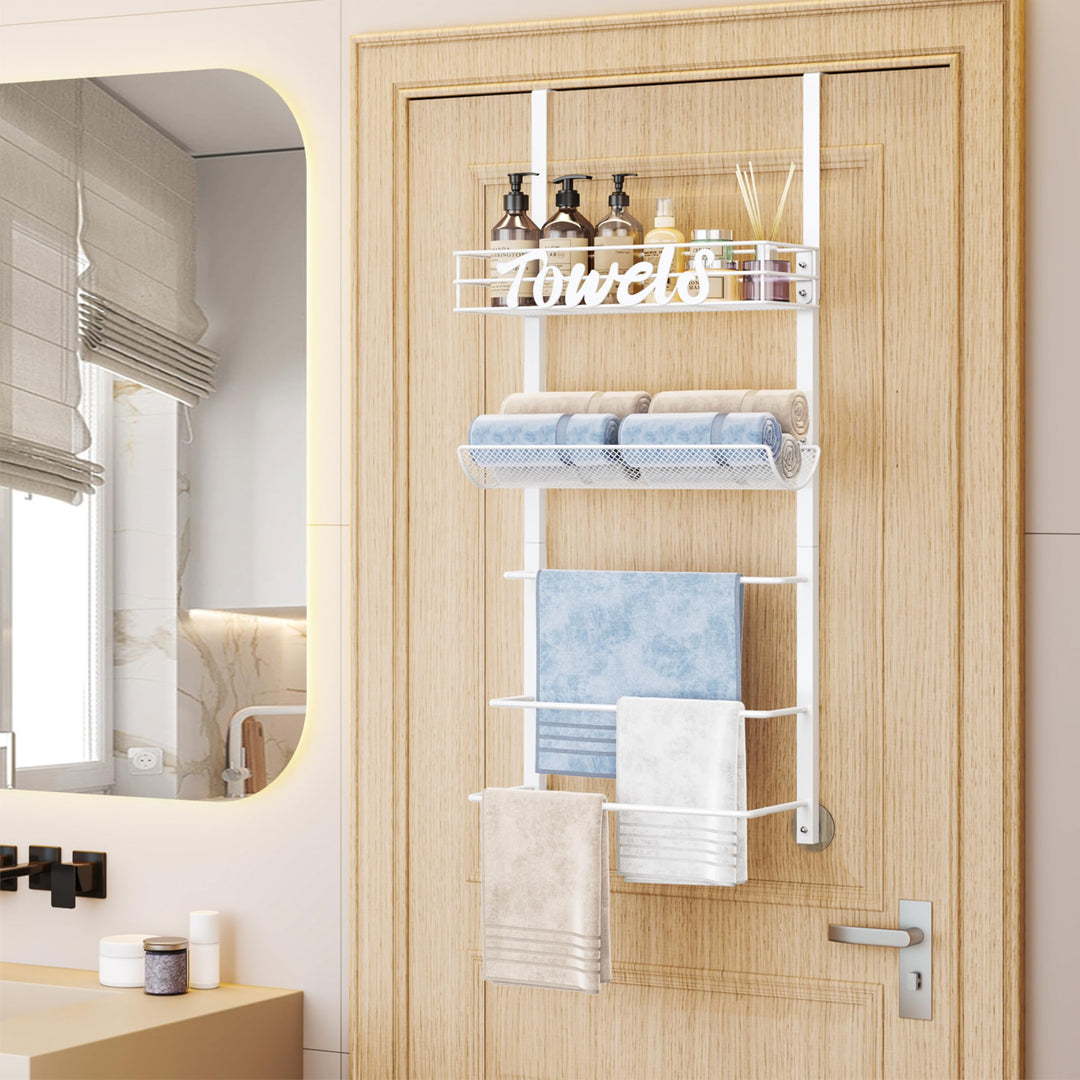 VaultNest Over Door Towel Rack - 5-Tier Wall Mounted Towel Holder Storage Organizer with Metal Shelf for Bathroom, White