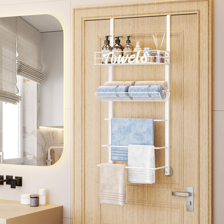 VaultNest Over Door Towel Rack - 5-Tier Wall Mounted Towel Holder Storage Organizer with Metal Shelf for Bathroom, White