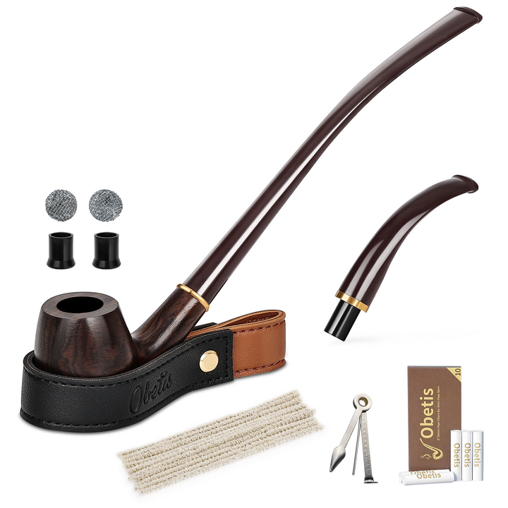 Obetis Ebony Wood Tobacco Pipe Set with Long & Short Stem – Full Kit