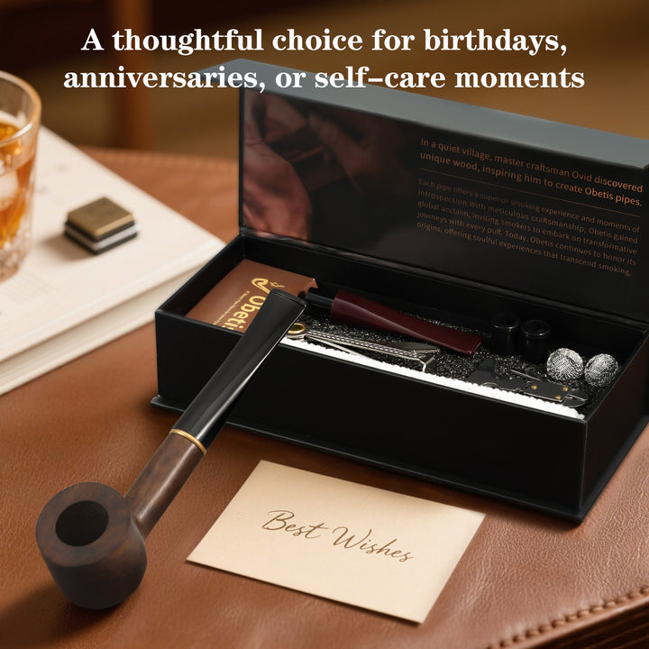 Obetis Ebony Wood Tobacco Pipe Set – Classic Straight Stem with Dual Mouthpieces & Full Accessories