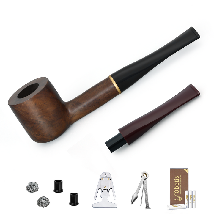 Obetis Ebony Wood Tobacco Pipe Set – Classic Straight Stem with Dual Mouthpieces & Full Accessories