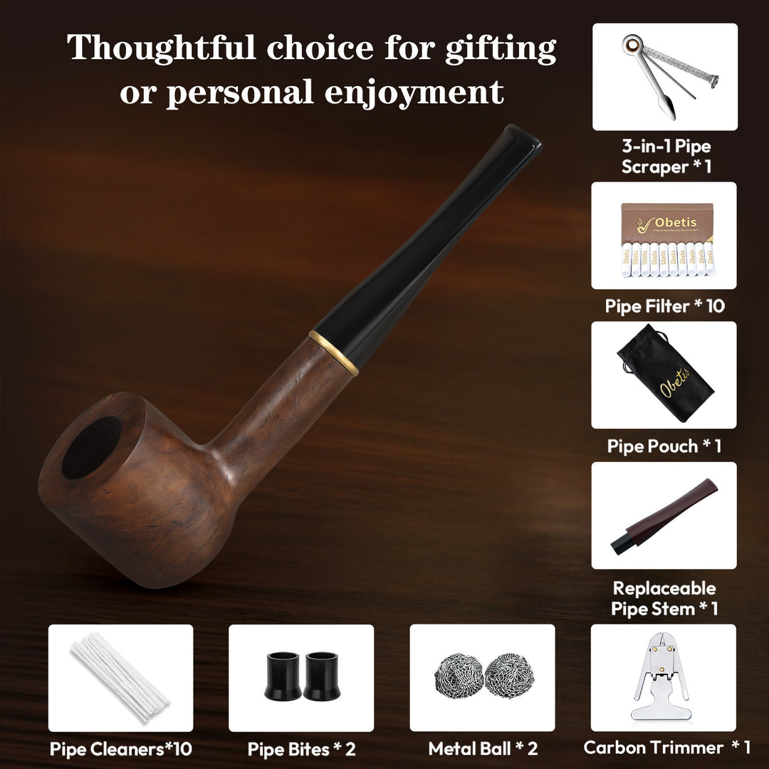 Obetis Ebony Wood Tobacco Pipe Set – Classic Straight Stem with Dual Mouthpieces & Full Accessories